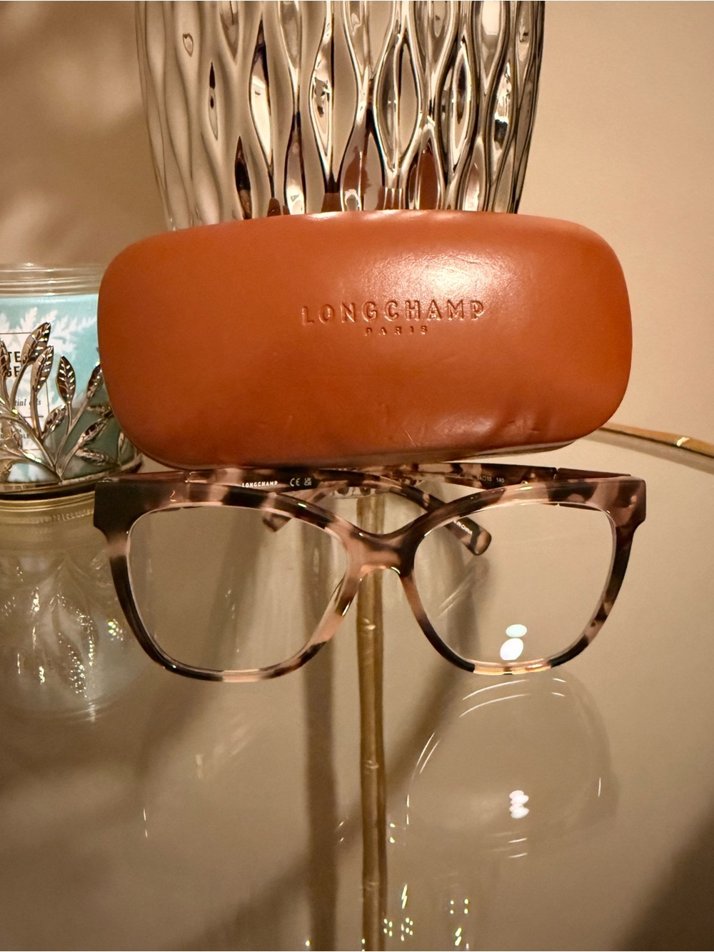 Longchamp Pink Tortoiseshell Cat-Eye Glasses with Brown Case